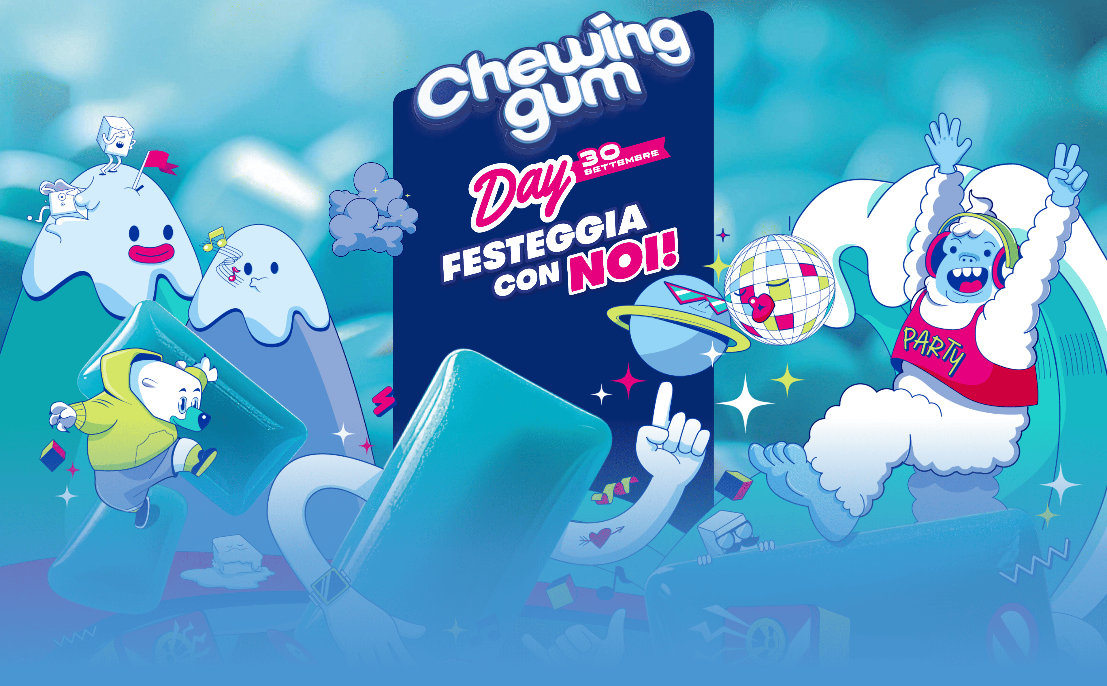 immagine di infografiche e disegni di monatgne orsi polari e cicche da masticare chewinggum
